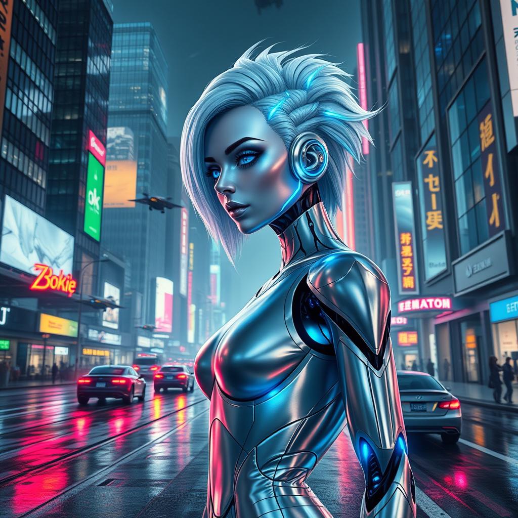 A futuristic cyberpunk cityscape featuring Silver Octavia, a sleek and stylish female android