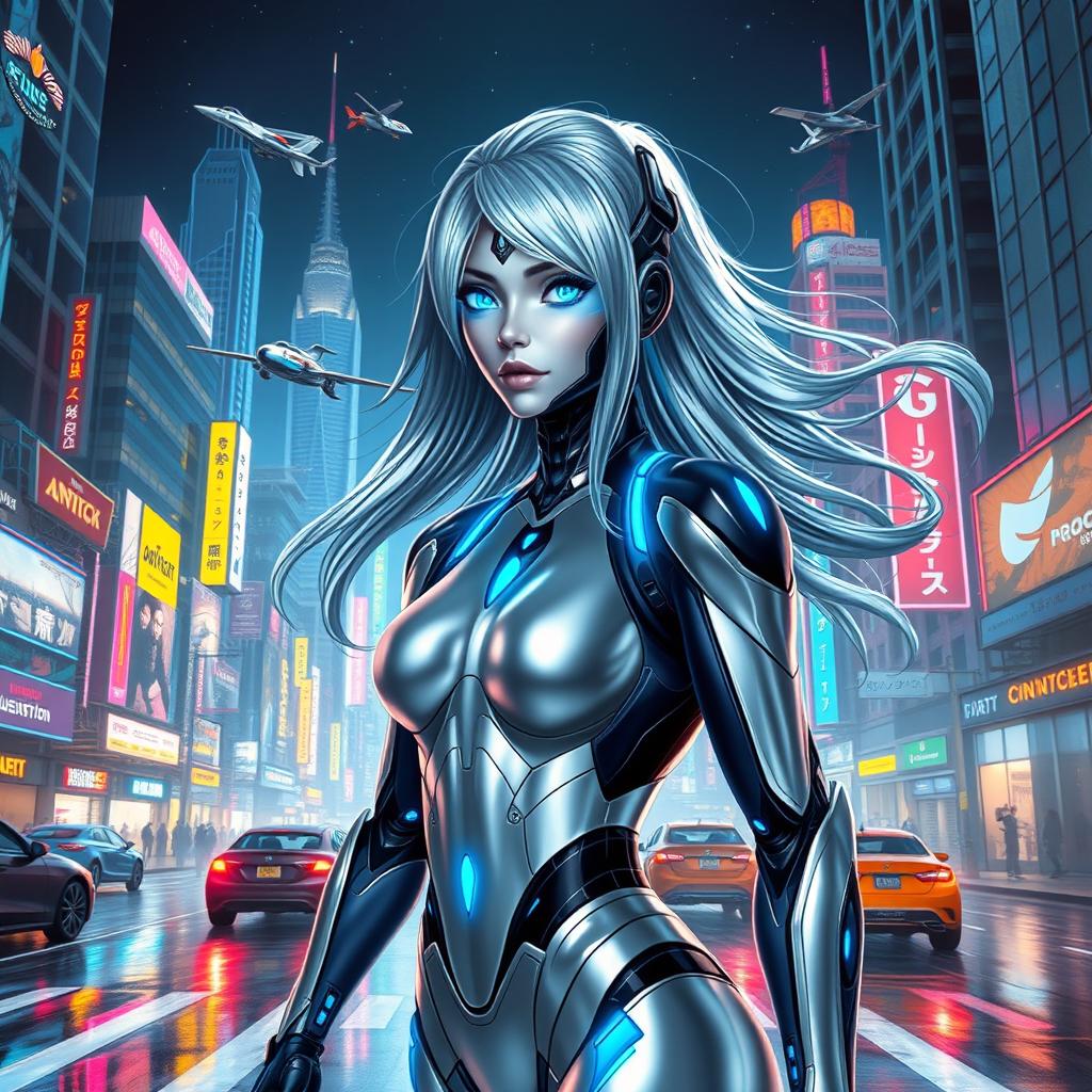 A dynamic, vibrant portrayal of Silver Octavia, a striking female android characterized by her sleek metallic silver skin and futuristic design