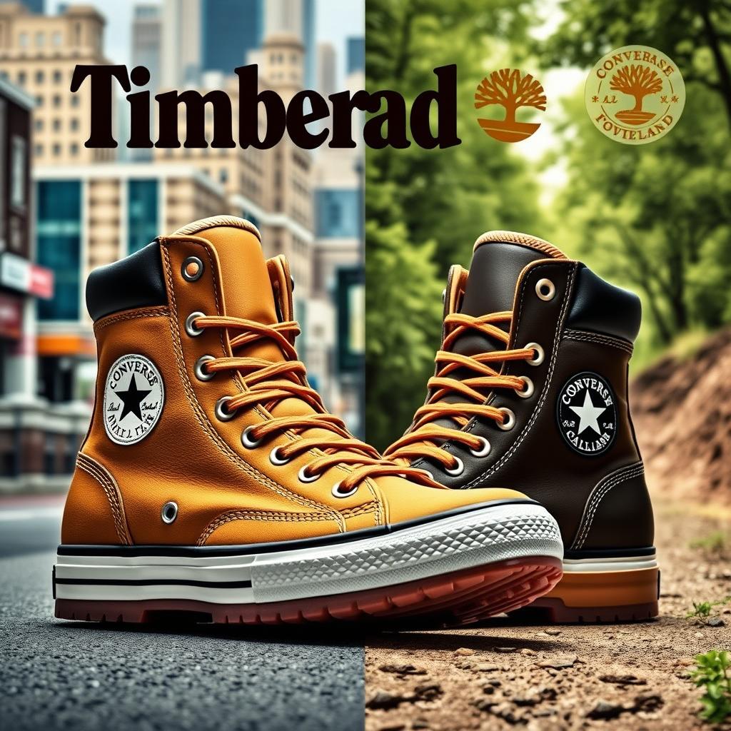 An eye-catching pair of boots born from the collaboration between Converse and Timberland, showcasing a blend of Converse's iconic sneaker design and Timberland's rugged outdoor features