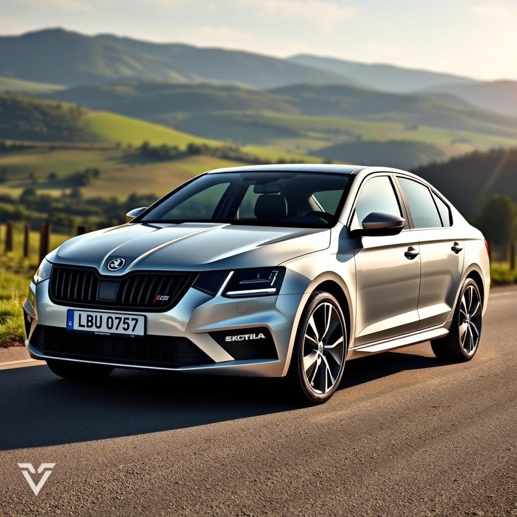 A stunning, high-quality image of a silver and black Škoda Octavia 2, parked on a picturesque scenic road