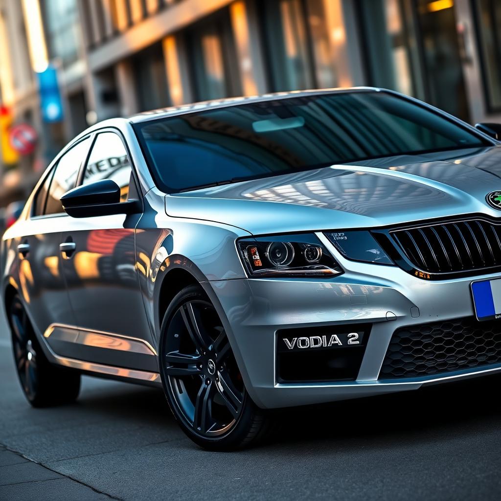 A striking image of a silver Škoda Octavia 2, featuring a bold black grille, black wheels, and sleek black badges