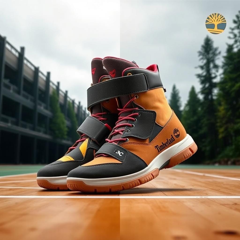 An innovative pair of boots merging the designs of the LeBron Soldier 10 and Timberland, featuring a bold athletic silhouette infused with outdoor ruggedness