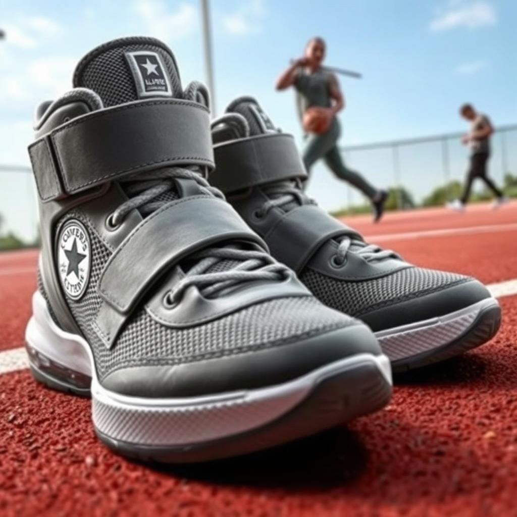 A unique pair of shoes featuring the fusion design of the LeBron Soldier 10 and Converse, in a stylish gray colorway