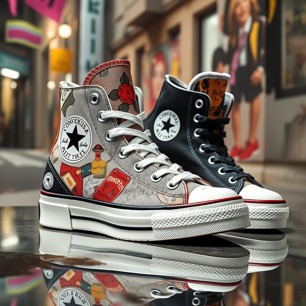 A striking pair of shoes resulting from the collaboration between Balenciaga and Converse, featuring an avant-garde design that merges luxury fashion with streetwear aesthetics
