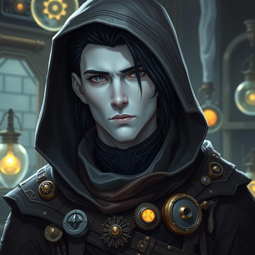 A male Shadar-Kai artificer, featuring pale white skin and striking black hair