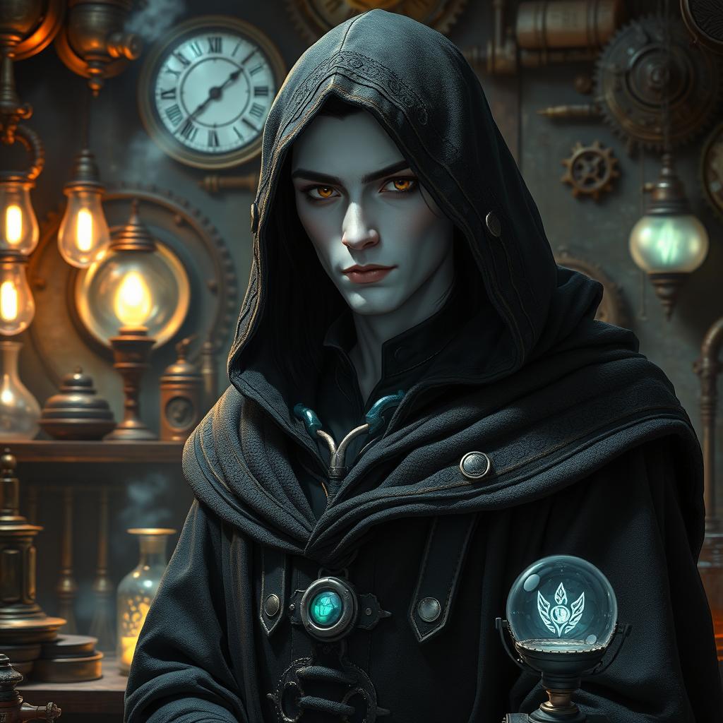 A male Shadar-Kai artificer with pale white skin and sleek black hair, dressed in a richly textured hooded cloak that shrouds him in an air of mystery