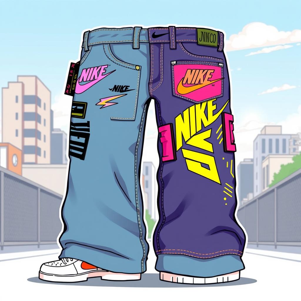 A creative illustration of a pair of jeans that combine the iconic styles of Nike and JNCO