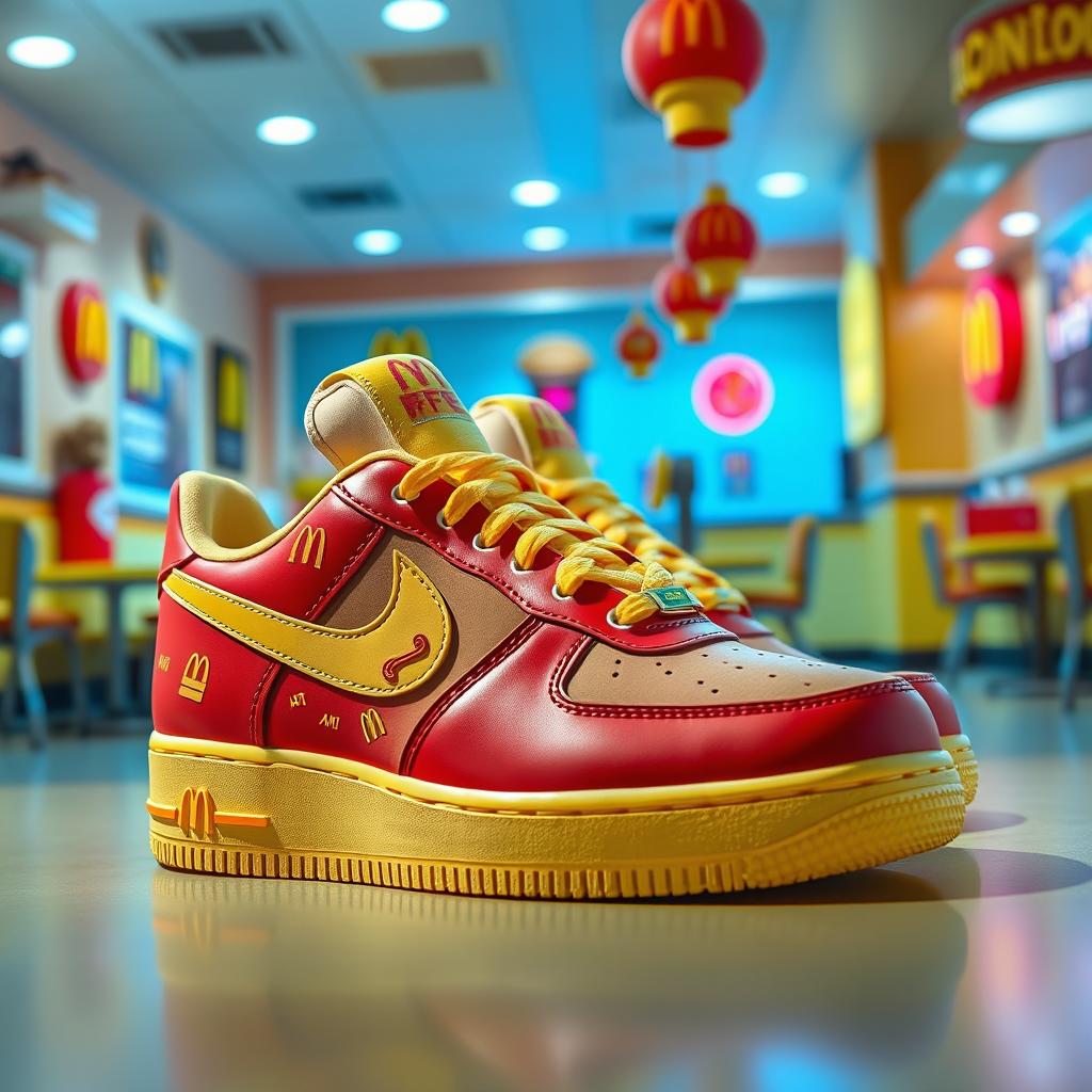 A creative design of a pair of Nike Air Force 1 sneakers reimagined in collaboration with McDonald's