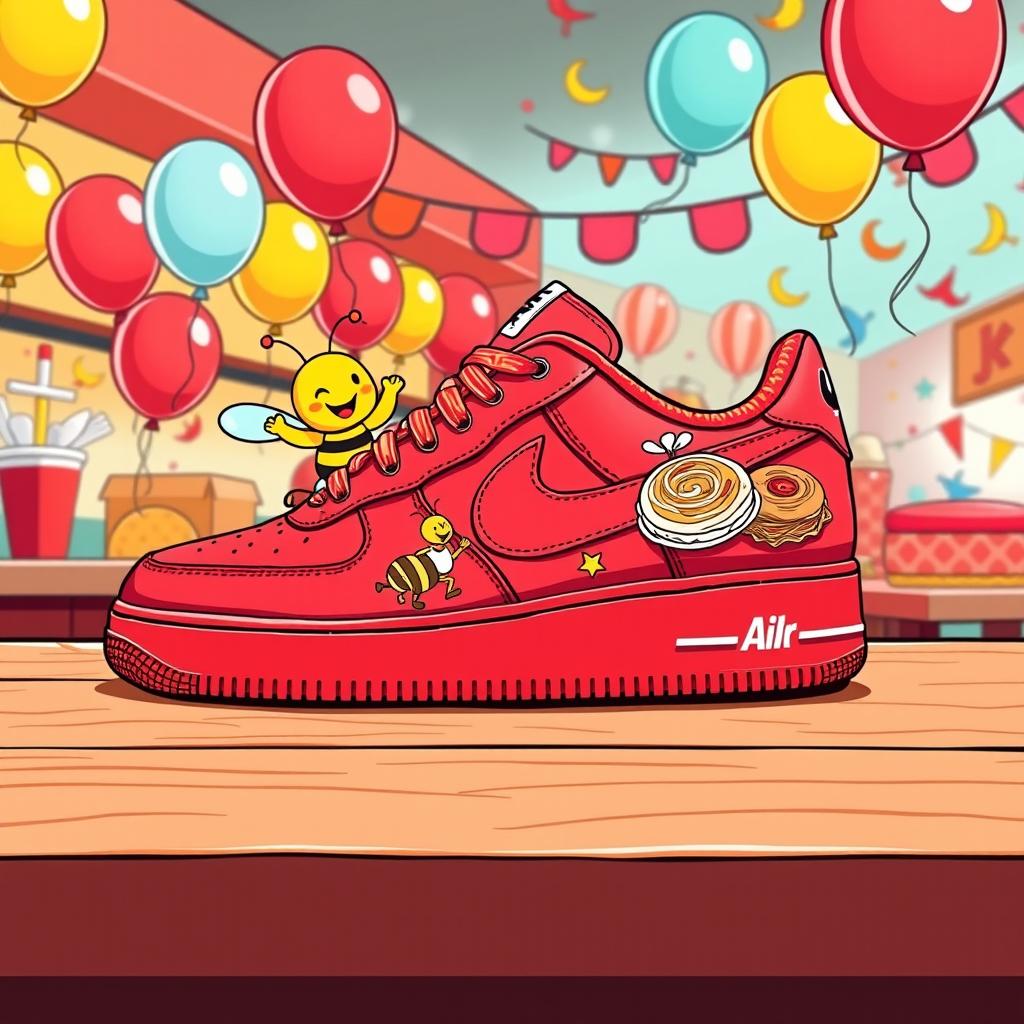 A vibrant and eye-catching illustration of the Nike Air Force 1 sneaker creatively combined with Jollibee elements