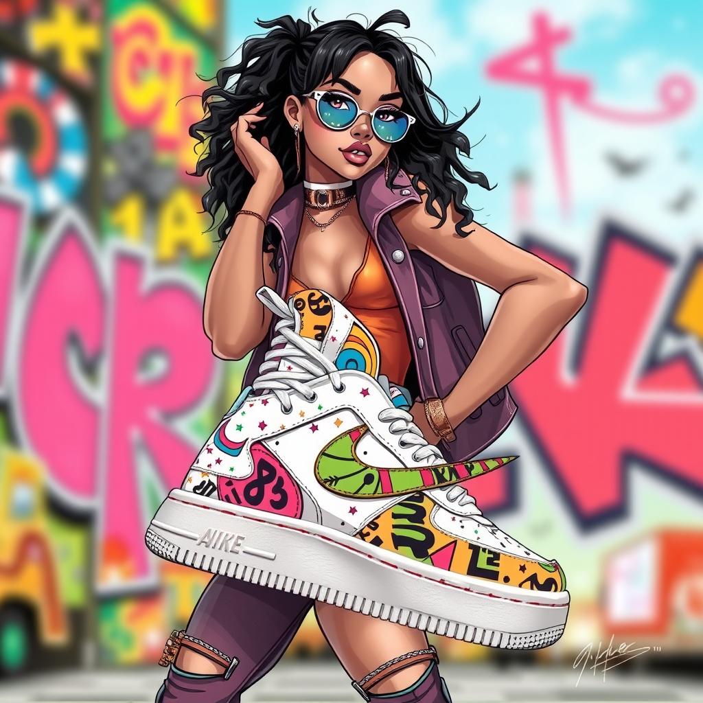 A stylish and fashionable depiction of the Nike Air Force 1 sneaker worn by a confident and trendy young woman