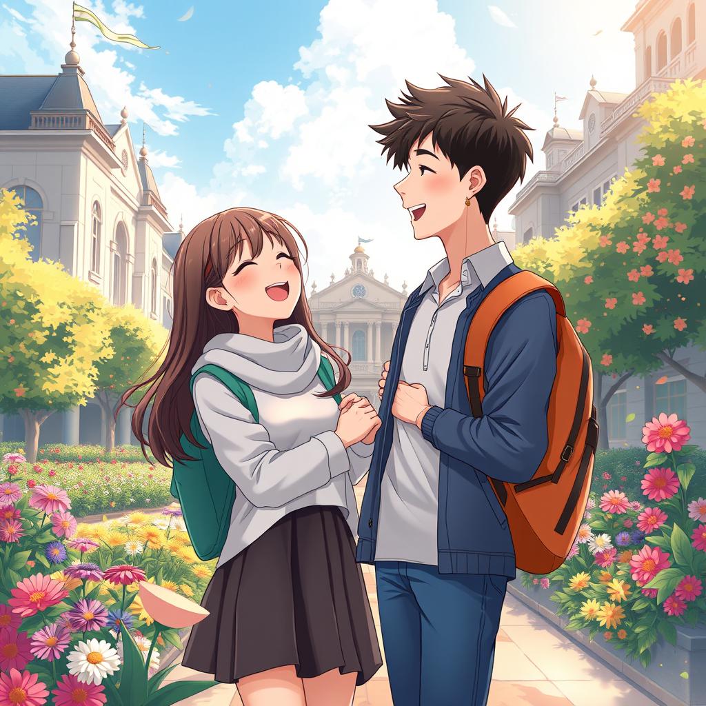 An enchanting anime-style illustration featuring two university students, a male and a female, joyfully interacting on a beautiful college campus filled with colorful flowers and stunning architecture