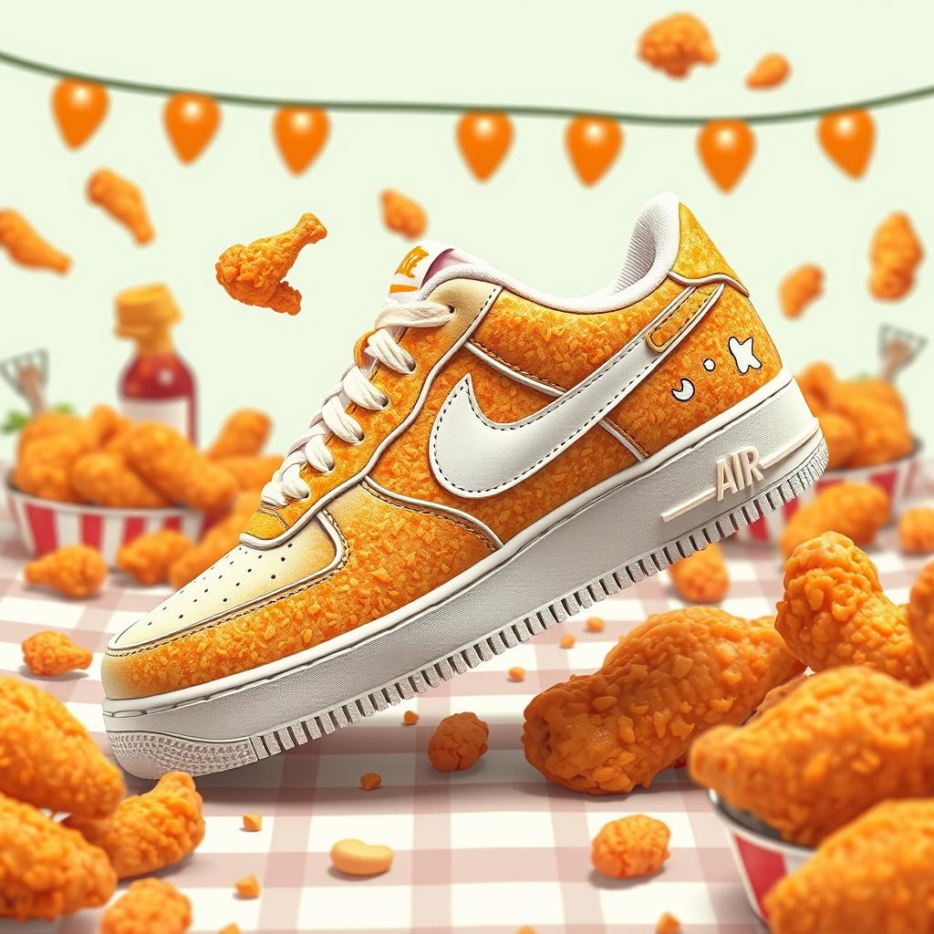 A creative and playful depiction of the Nike Air Force 1 sneaker inspired by fried chicken
