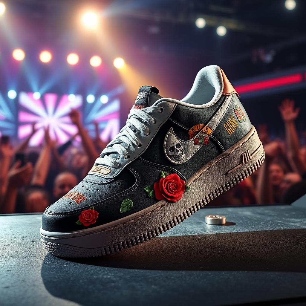 A striking and edgy depiction of the Nike Air Force 1 sneaker inspired by the iconic rock band Guns N' Roses