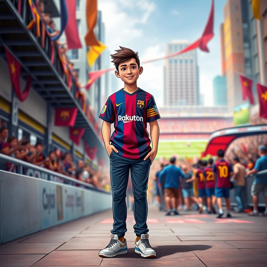 A character standing confidently in an energetic urban environment, wearing an iconic FC Barcelona football jersey