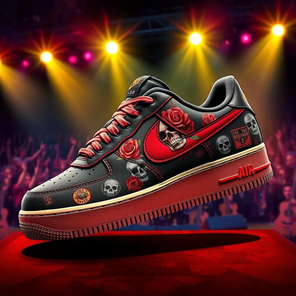 A striking and edgy depiction of the Nike Air Force 1 sneaker inspired by the iconic rock band Guns N' Roses
