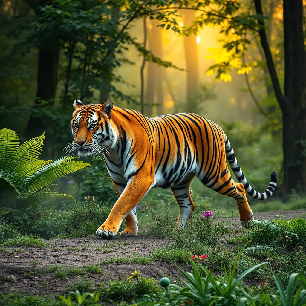 A majestic tiger gracefully roaming through a serene forest at sunrise, surrounded by vibrant greenery and soft morning light filtering through the trees
