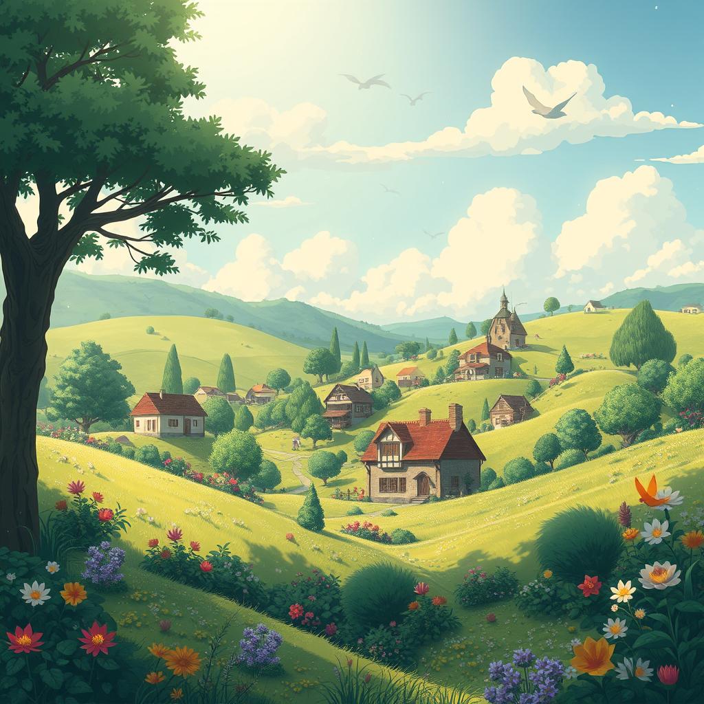 A whimsical landscape inspired by Studio Ghibli, featuring lush greenery, fantastical creatures, and serene natural elements