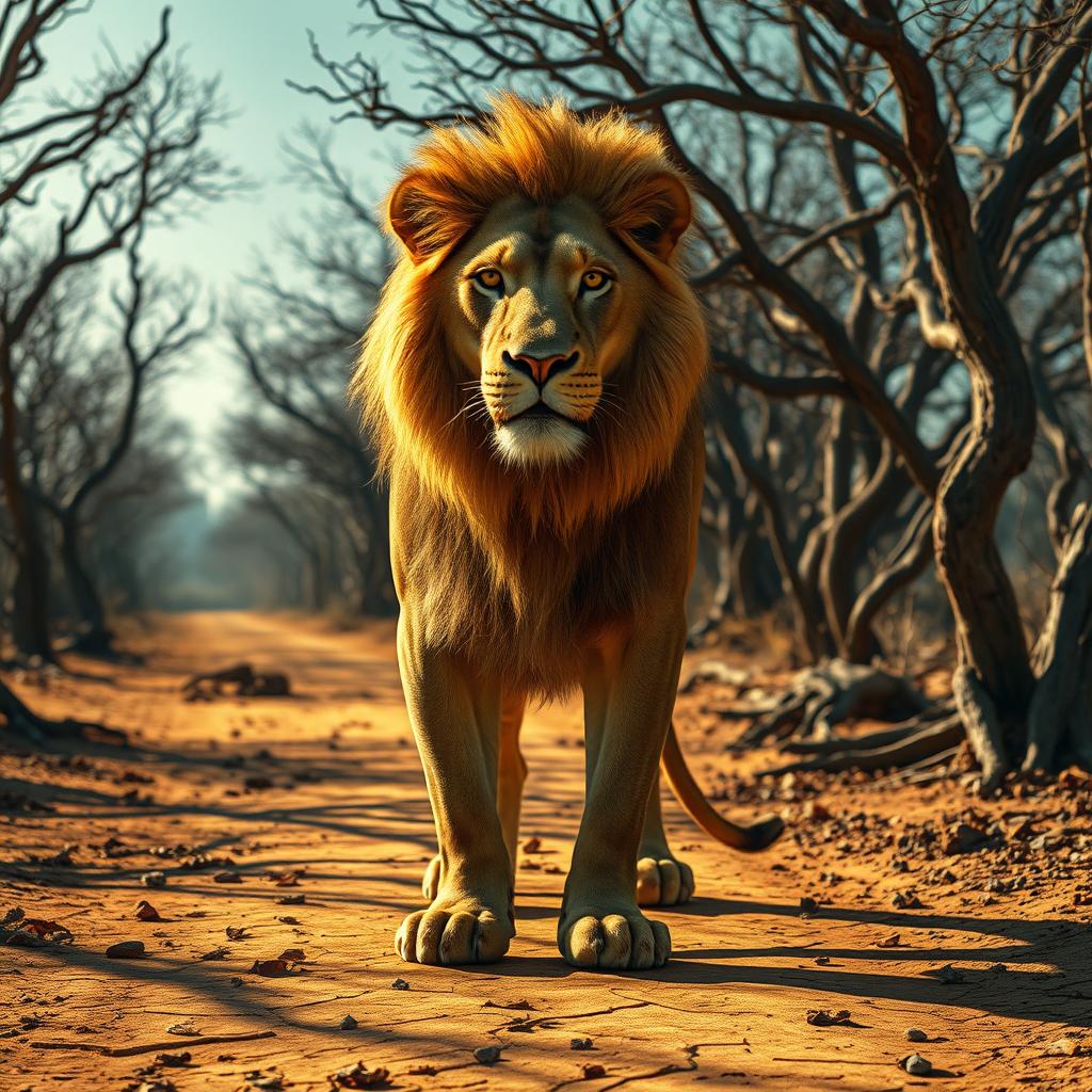 A majestic lion stands before me on the striped, sunlit ground of a dry forest
