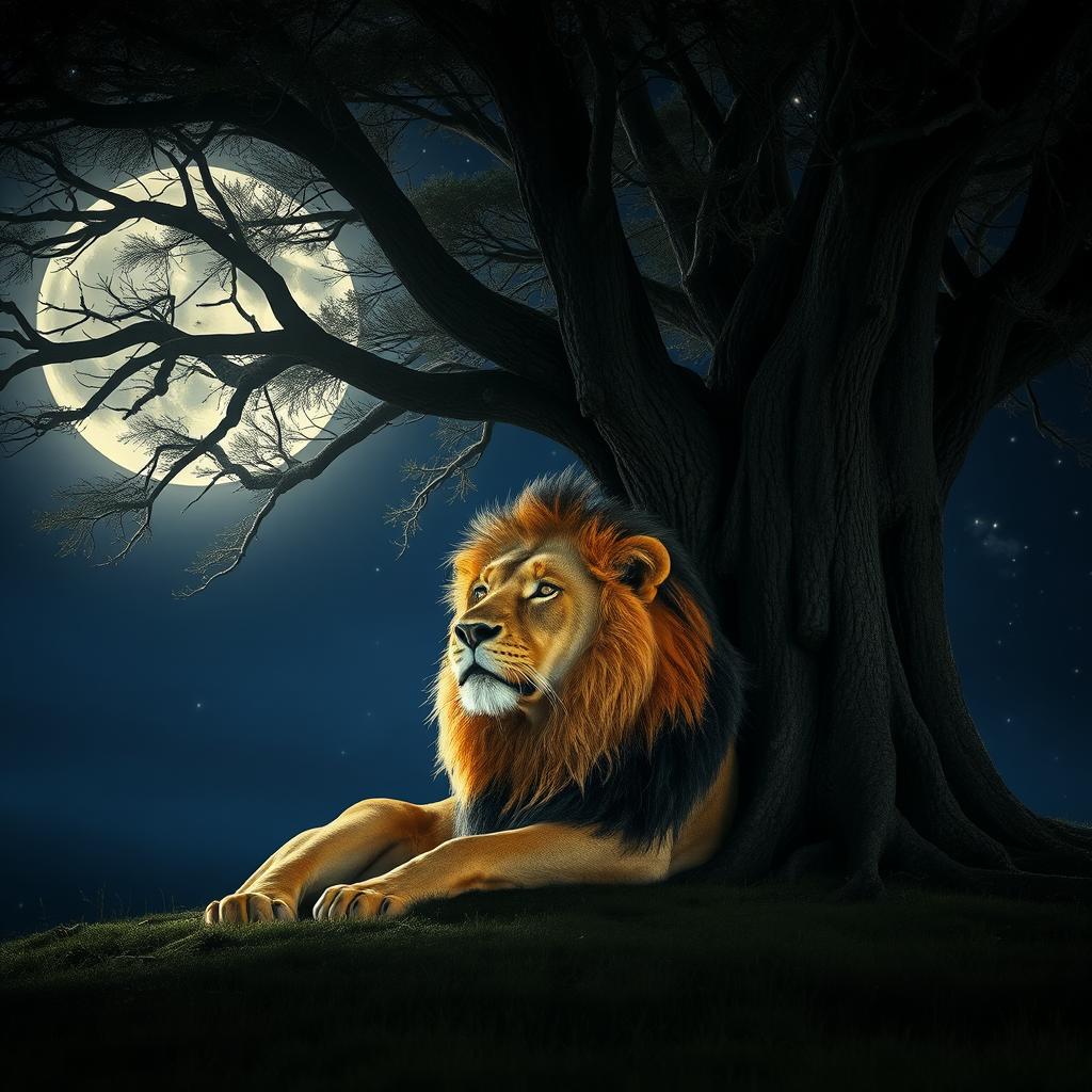 A majestic lion resting under a large tree on a moonlit night, the scene bathed in soft, silvery moonlight casting delicate shadows through the tree branches