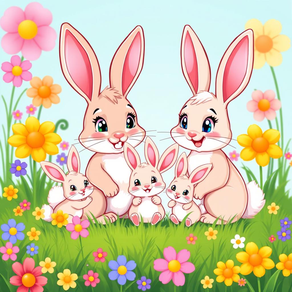 A cheerful and colorful cartoon illustration of a rabbit family consisting of two loving parent rabbits and their playful baby bunnies