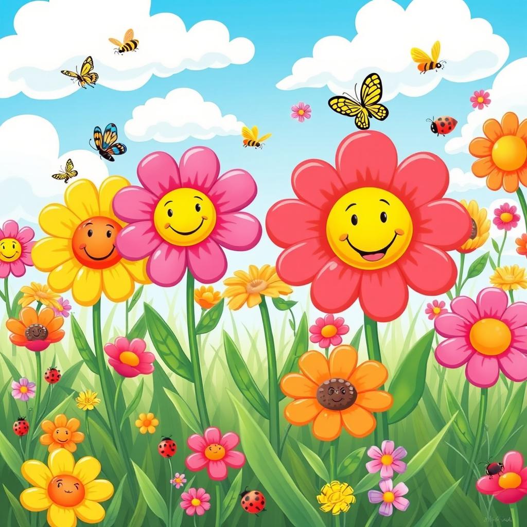 A vibrant and whimsical cartoon illustration of a flower paradise, featuring colorful, oversized flowers with smiling faces swaying gently in a sunny meadow