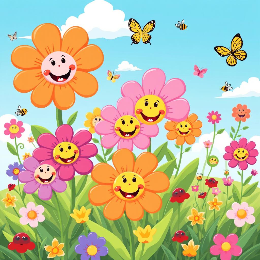 A vibrant and whimsical cartoon illustration of a flower paradise filled with colorful, oversized flowers, each adorned with smiling faces