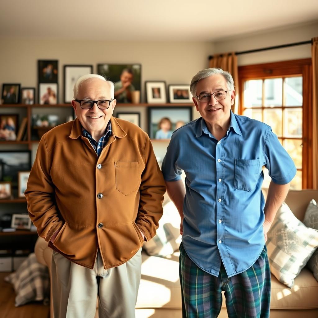 A whimsical scene featuring a father and grandfather standing side by side, both at the same height