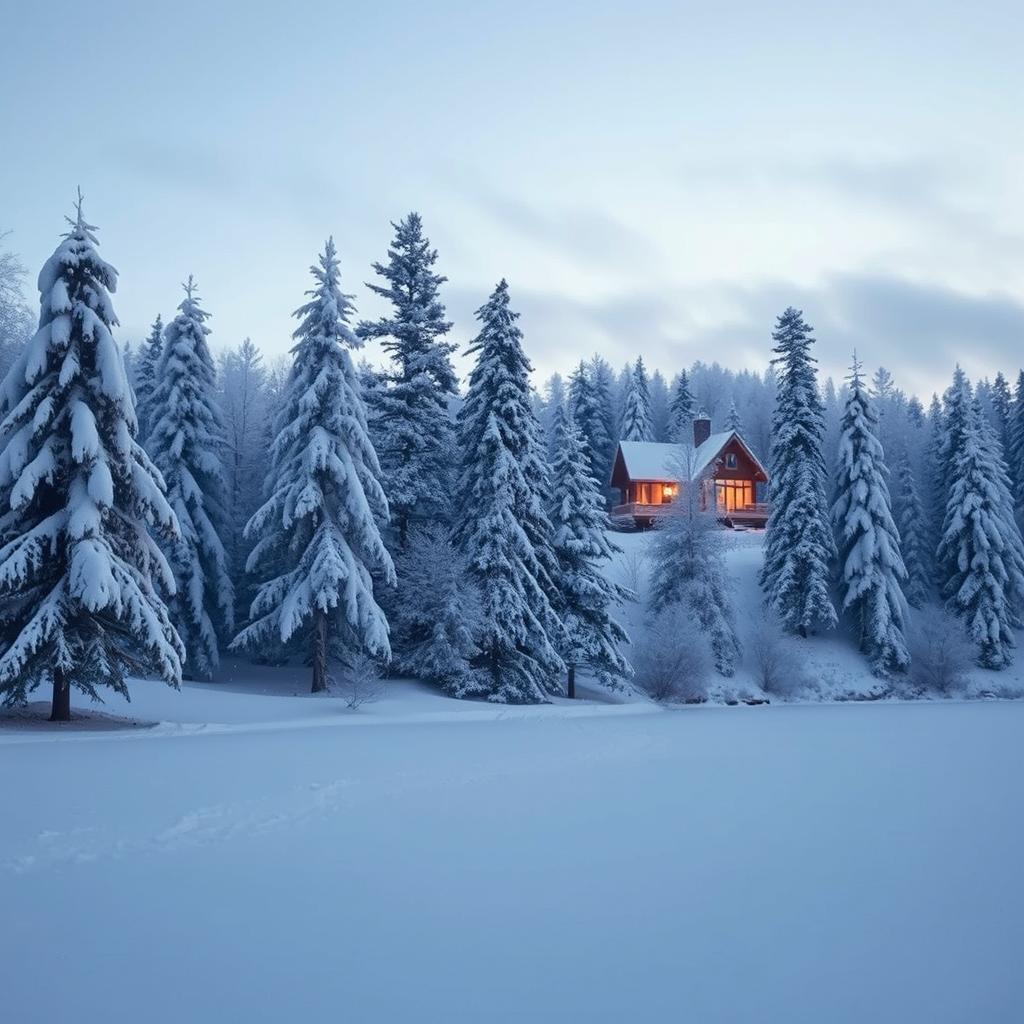A beautiful winter landscape showcasing snow-covered trees and a frozen lake, with a cozy cabin in the background emitting soft light from its windows, surrounded by gentle snowfall