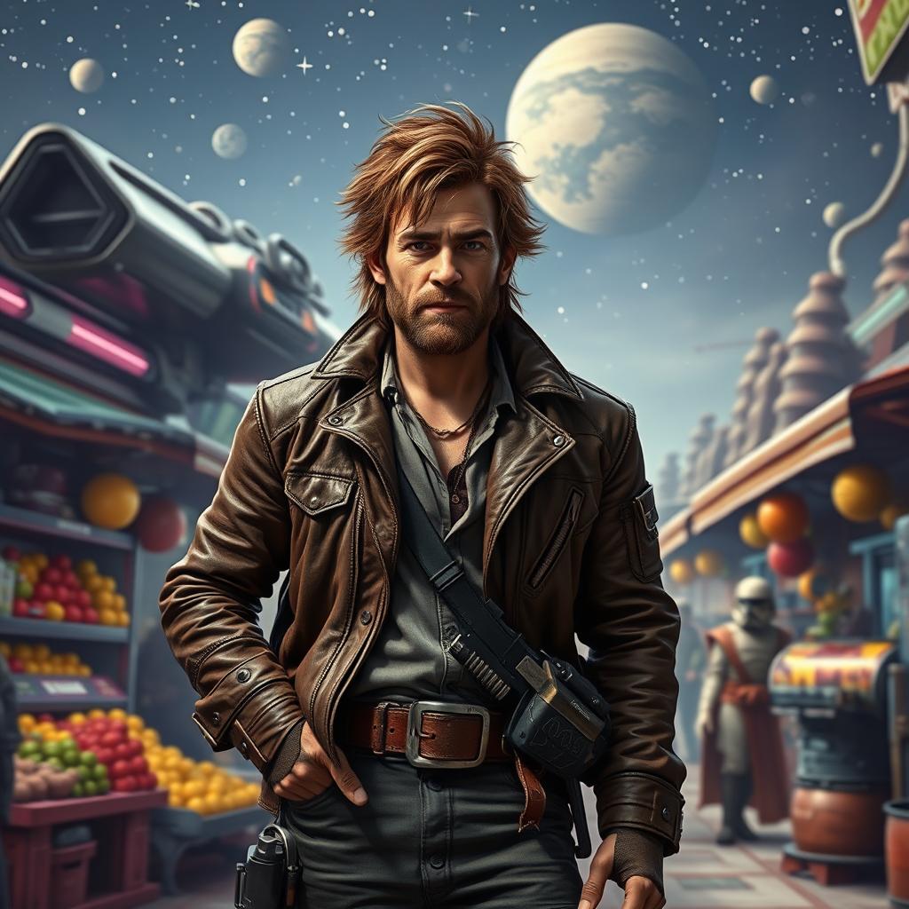 A rugged space smuggler standing confidently next to a futuristic spaceship in a bustling alien marketplace