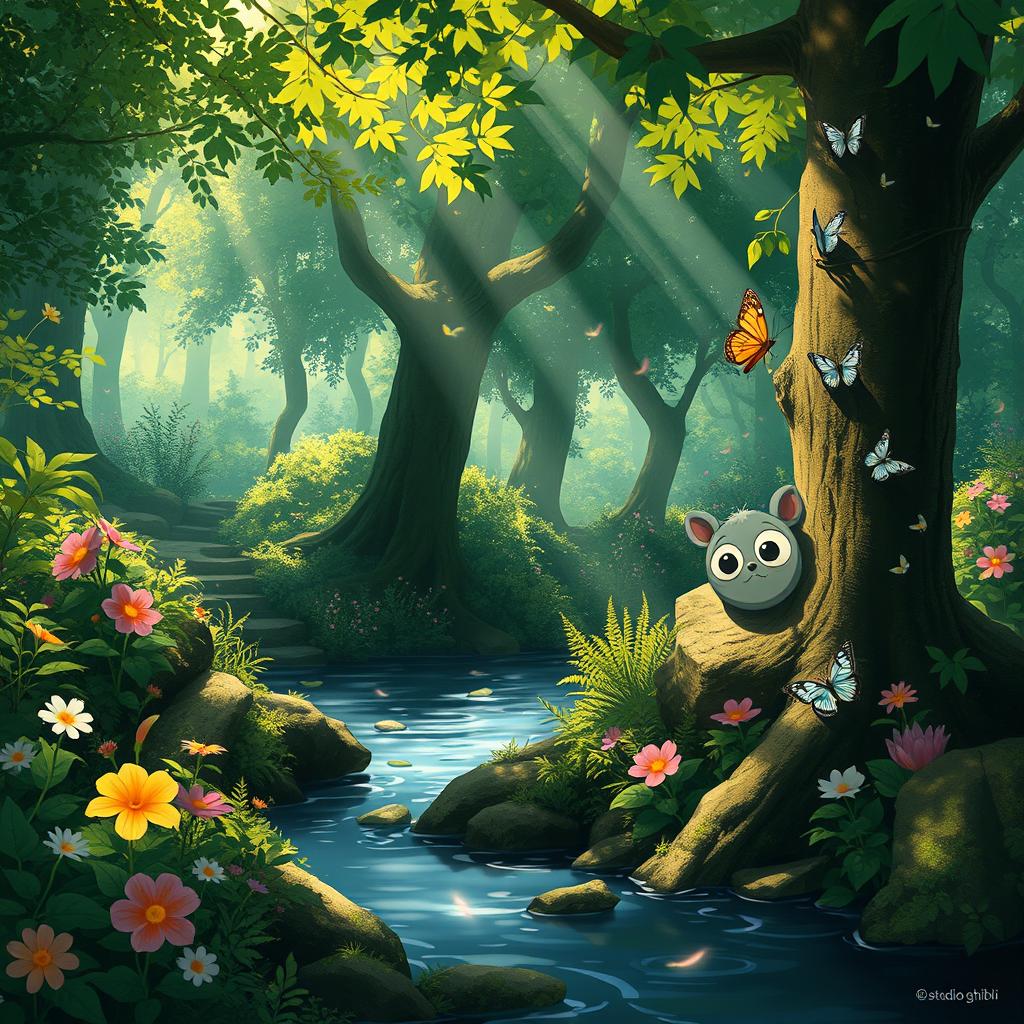 A whimsical scene depicting a lush, vibrant forest with fantastical creatures reminiscent of Studio Ghibli's enchanting style