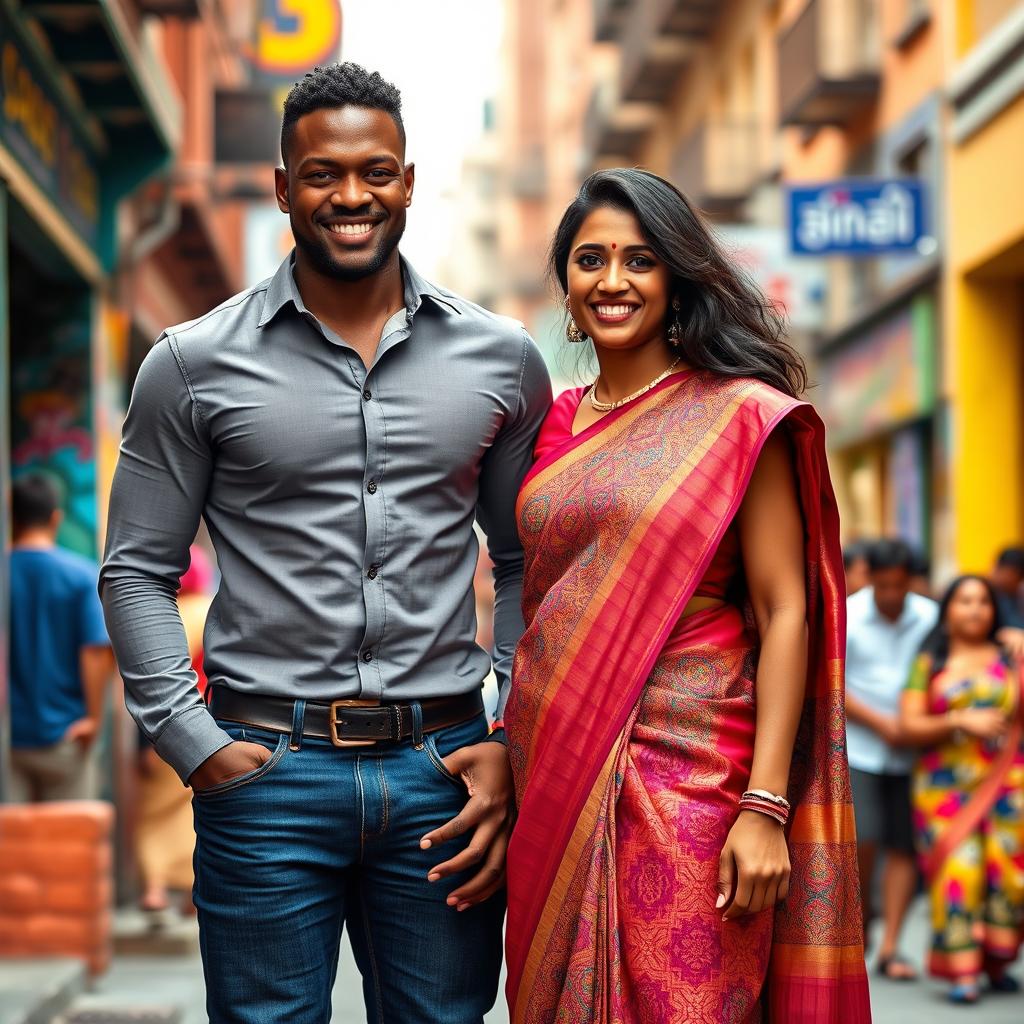 A tall African man and an Indian woman standing side by side in a vibrant urban setting
