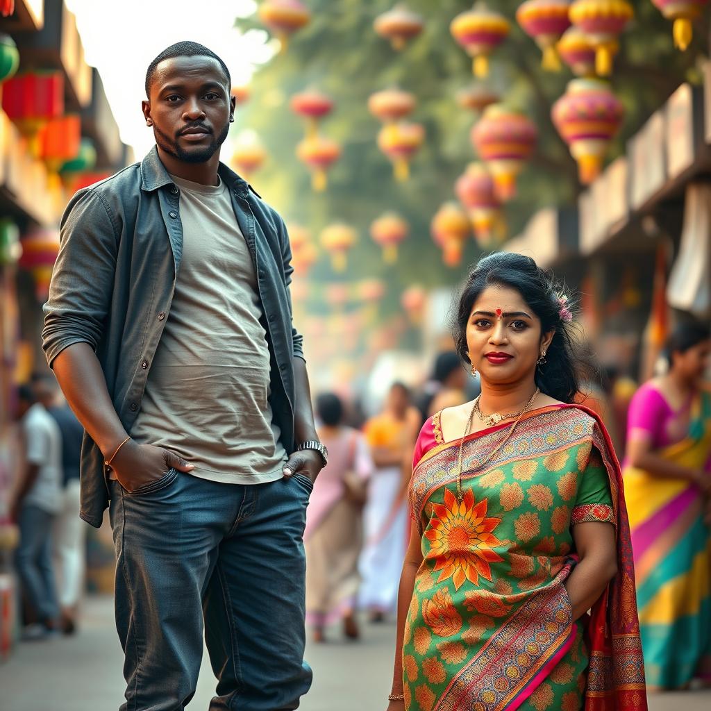 A tall African man standing next to a short Indian woman wearing a beautifully colorful saree