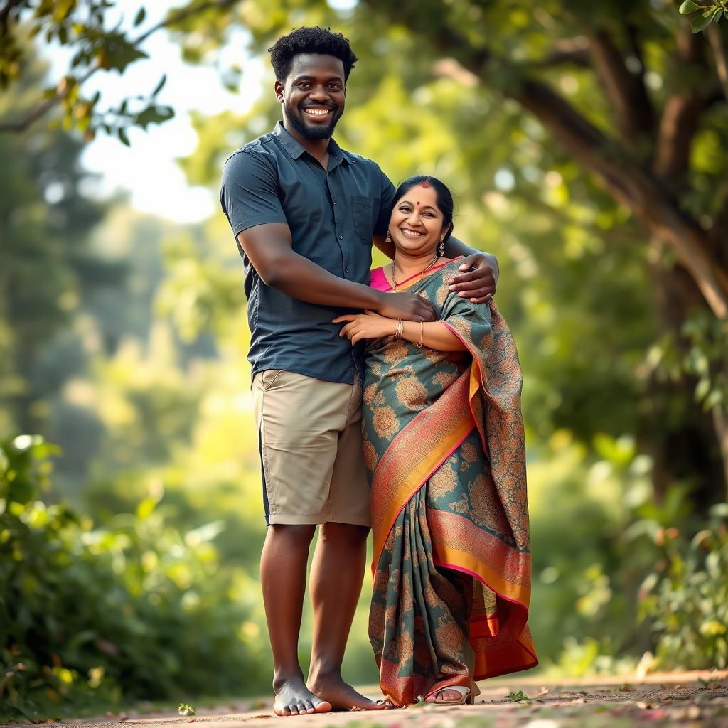 A tall African man embracing a short Indian woman who is wearing a beautifully detailed saree