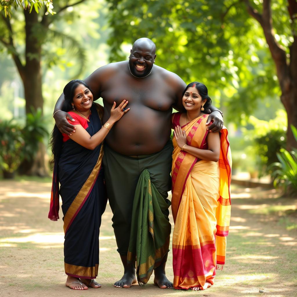A tall, big African man joyfully embracing two short Indian Hindu women, both dressed in elegantly draped sarees