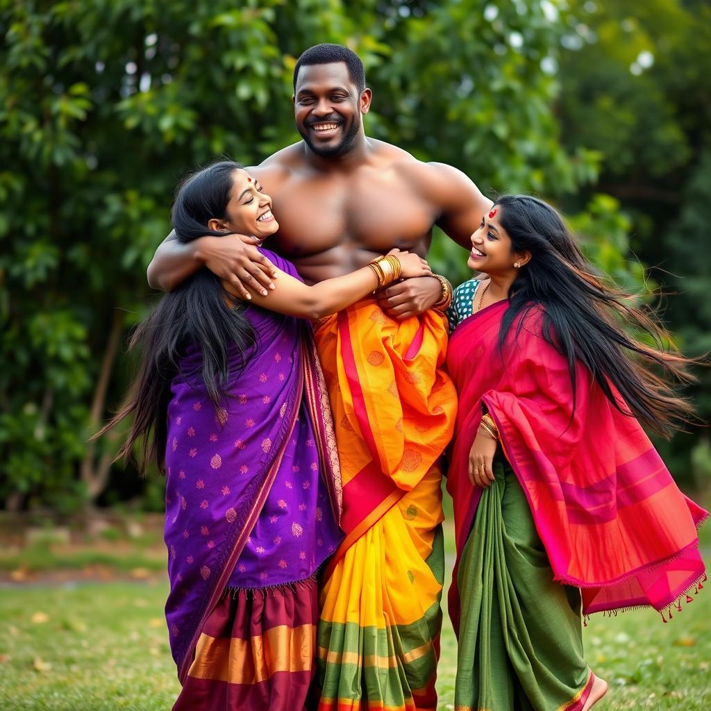 A tall, muscular African man joyfully hugging two short Indian women, embodying a loving and harmonious family atmosphere