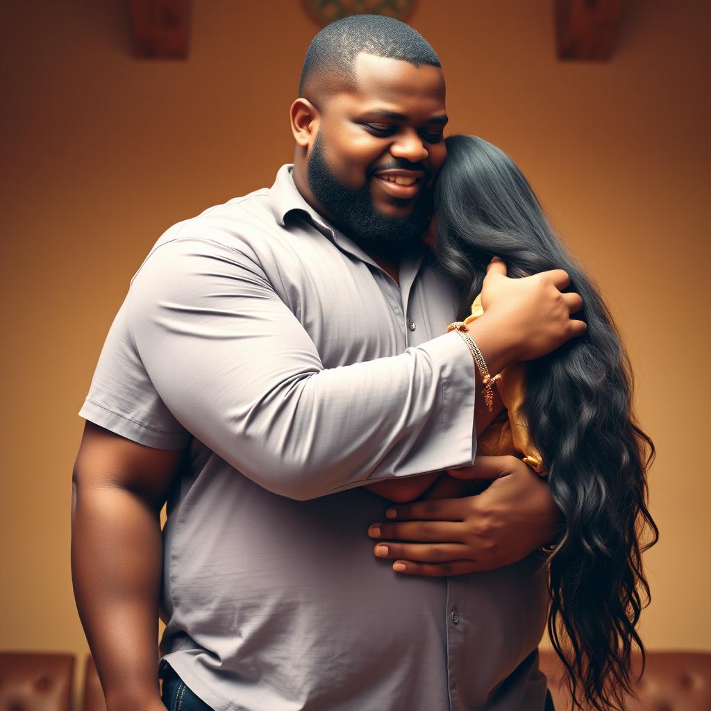 A tall, big African man lovingly hugging his short Indian wife, whose long hair cascades down her shoulders