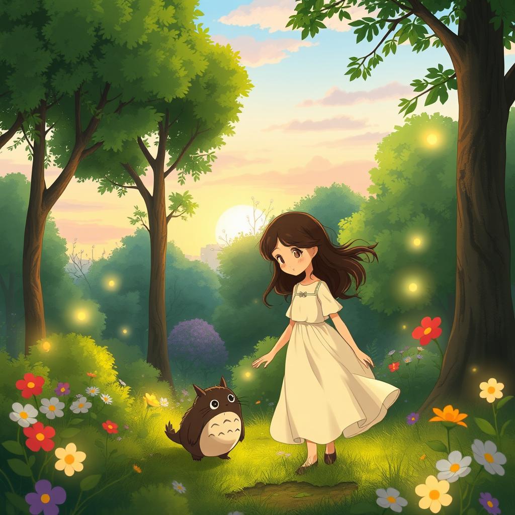 A whimsical, enchanting forest scene inspired by Studio Ghibli animation, featuring vibrant green trees, colorful flowers, and soft, glowing lights scattered throughout the foliage