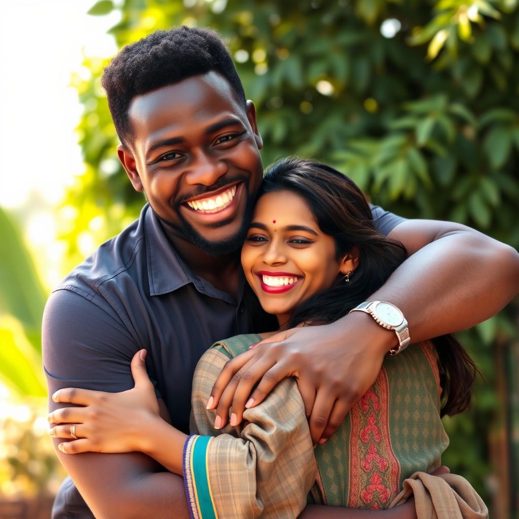 A tall African man embracing a short, slender Indian woman in a heartwarming hug