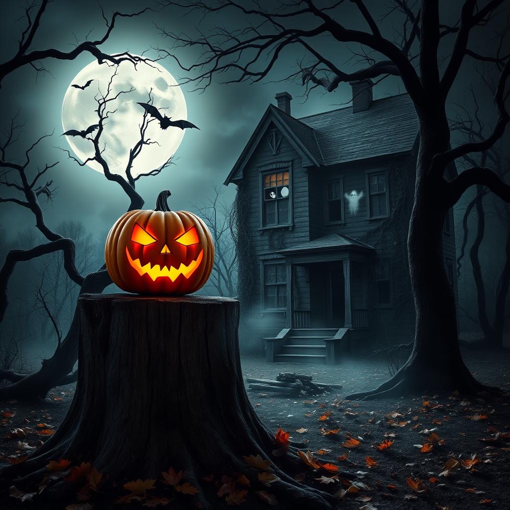 A haunting Halloween scene featuring a gloomy forest with twisted trees and a full moon casting eerie shadows
