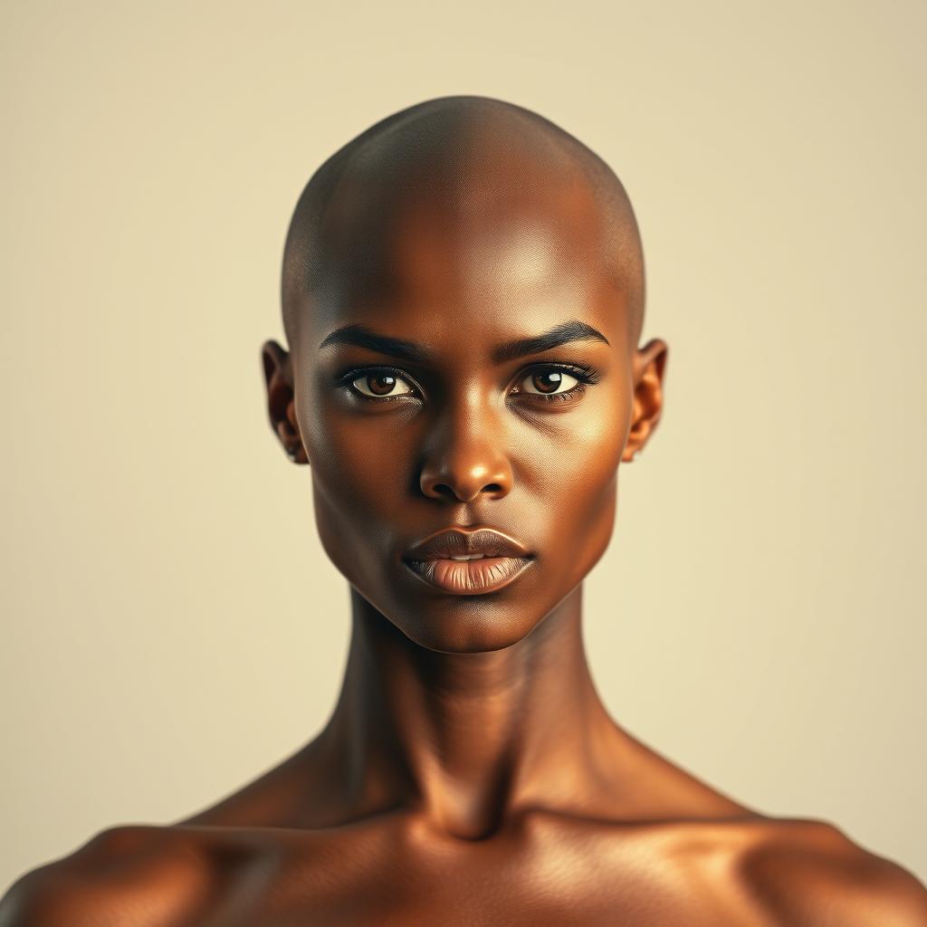A striking portrait of a confident woman with a bald head, showcasing her strong features and radiant skin