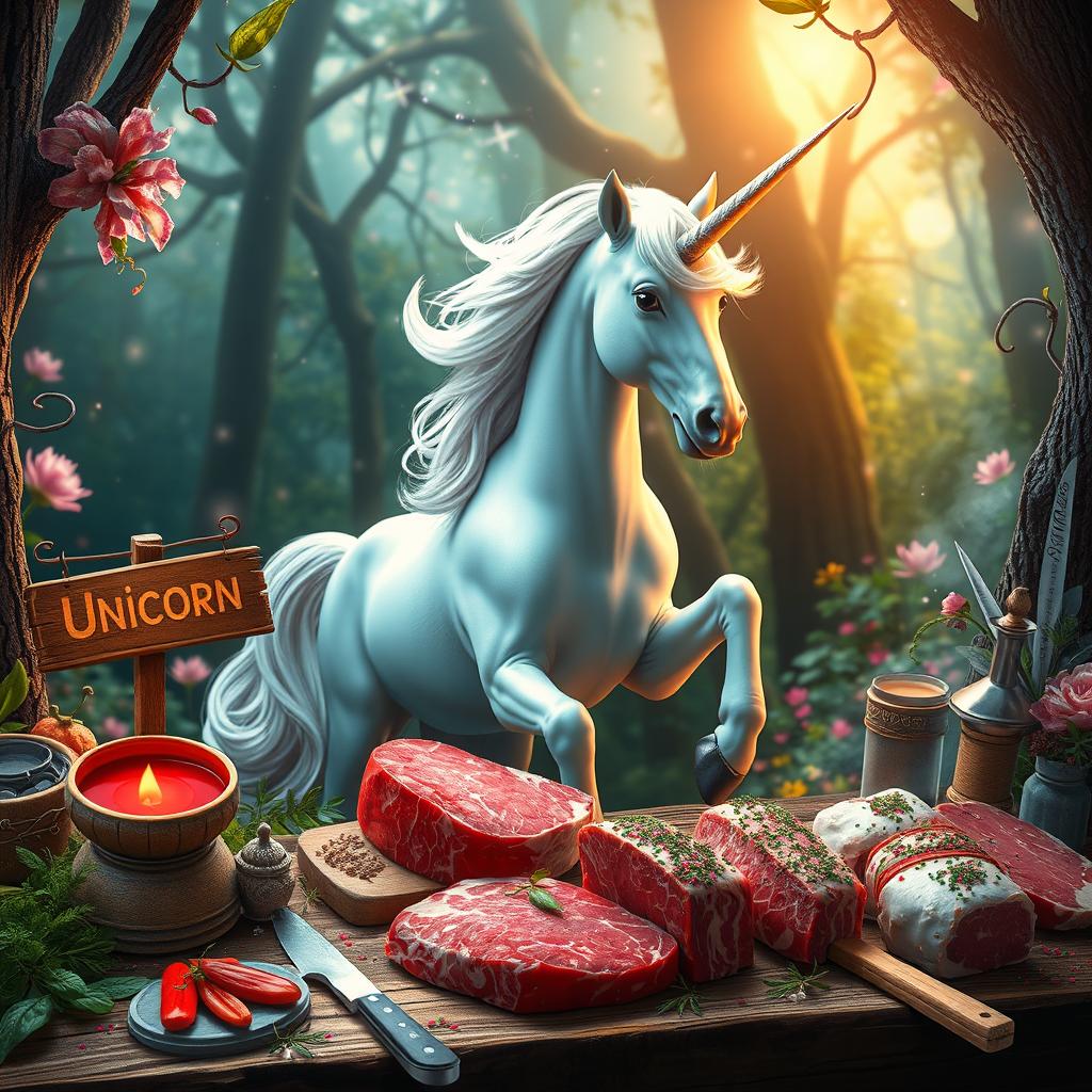 A whimsical and surreal scene depicting the concept of unicorn meat, featuring a majestic unicorn in a magical forest, surrounded by vibrant flora and sparkling light