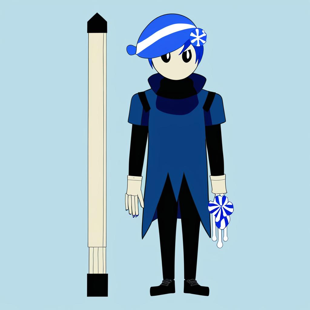 Andrew is a mage of void. He has blue peppermint hairstyle and his right rm is a mix of peppermint and bone. He wears the Mage of Void outfit from homestuck and he has black irises and white pupils. 2d simple drawing.