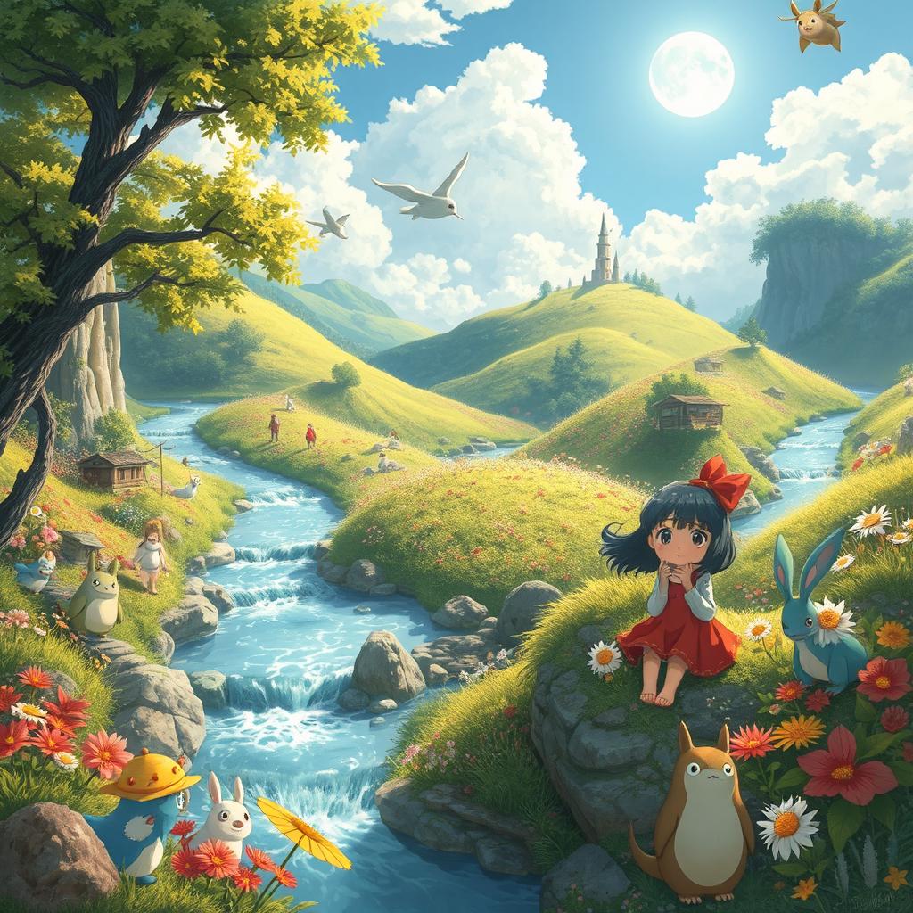 An enchanting scene featuring lush landscapes filled with vibrant flora and whimsical elements, reminiscent of Studio Ghibli's art style