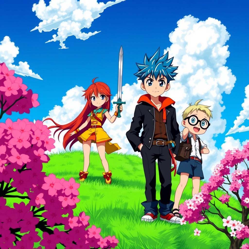A vibrant anime scene featuring a group of colorful characters: a confident young hero with spiky blue hair wearing a stylish leather jacket, a brave warrior girl with long flowing red hair wielding a shining sword, and a cheerful sidekick with piebald hair wearing glasses and a playful expression