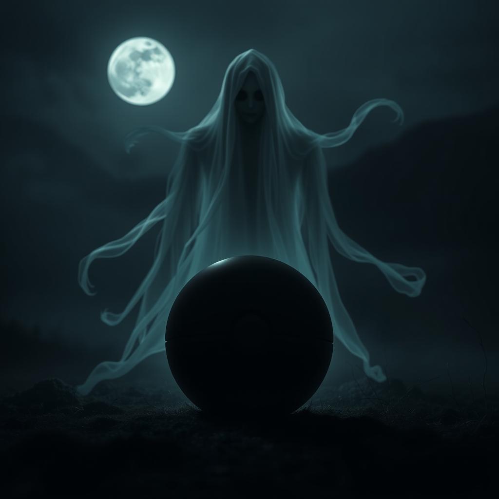 A dark, ominous Pokeball sitting prominently in the foreground, illuminated by a faint, eerie glow