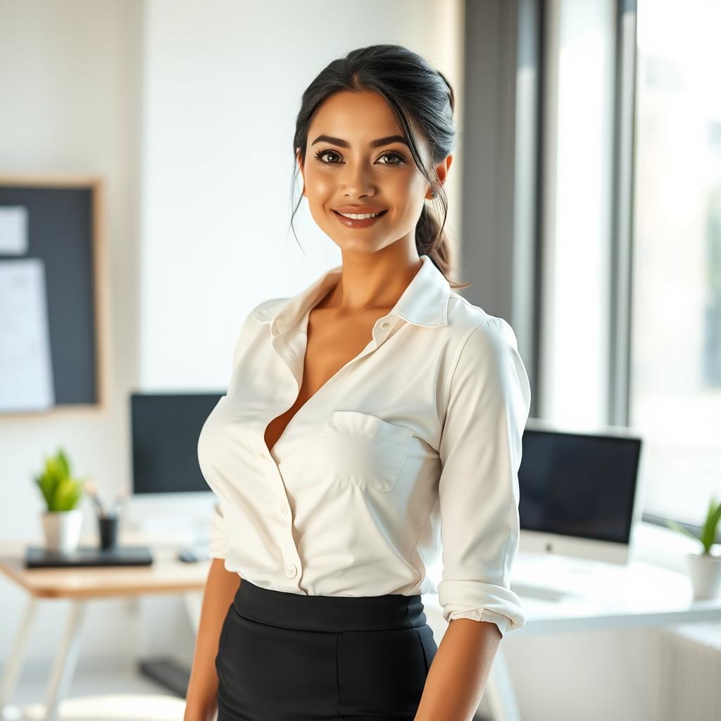 A petite woman with a beautiful face stands in a bright modern office