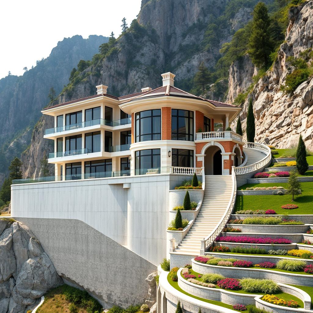 A luxurious two-story house located on a steep slope of tall mountains, built on a 4-meter high concrete wall
