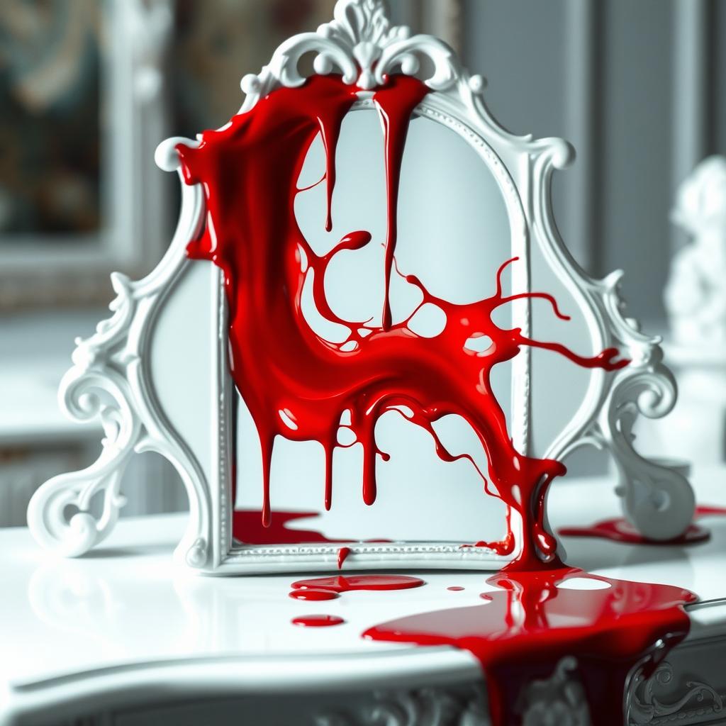 A surreal scene where a pristine white mirror reflects a vibrant, crimson red color that seems to drip and swirl, creating an abstract, dreamlike atmosphere