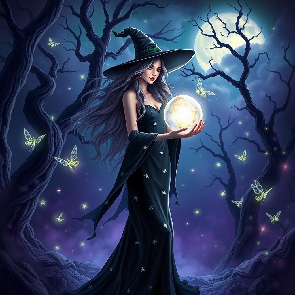 A beautifully designed thumbnail featuring a mystical witch standing in a dark enchanted forest