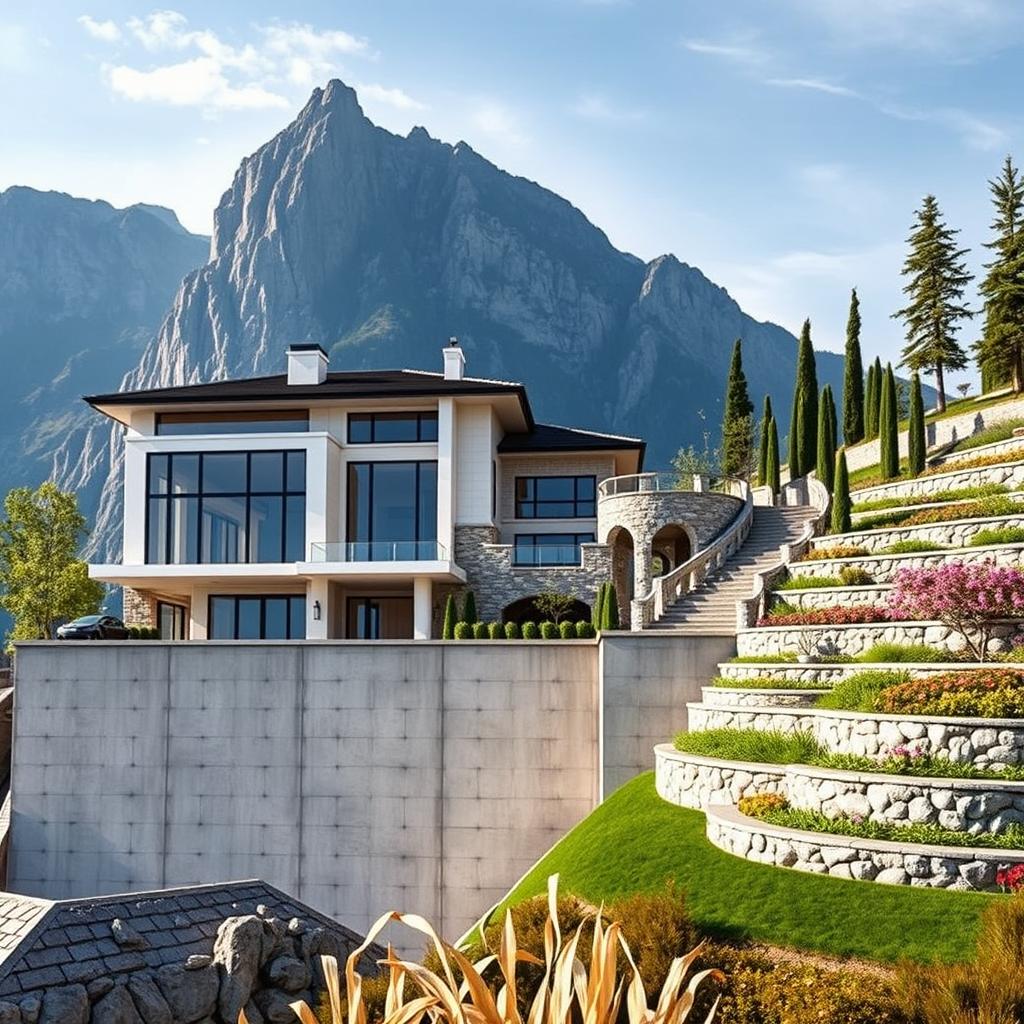 A luxurious two-story house situated at the foothills of tall mountains, built on a 4-meter high concrete wall